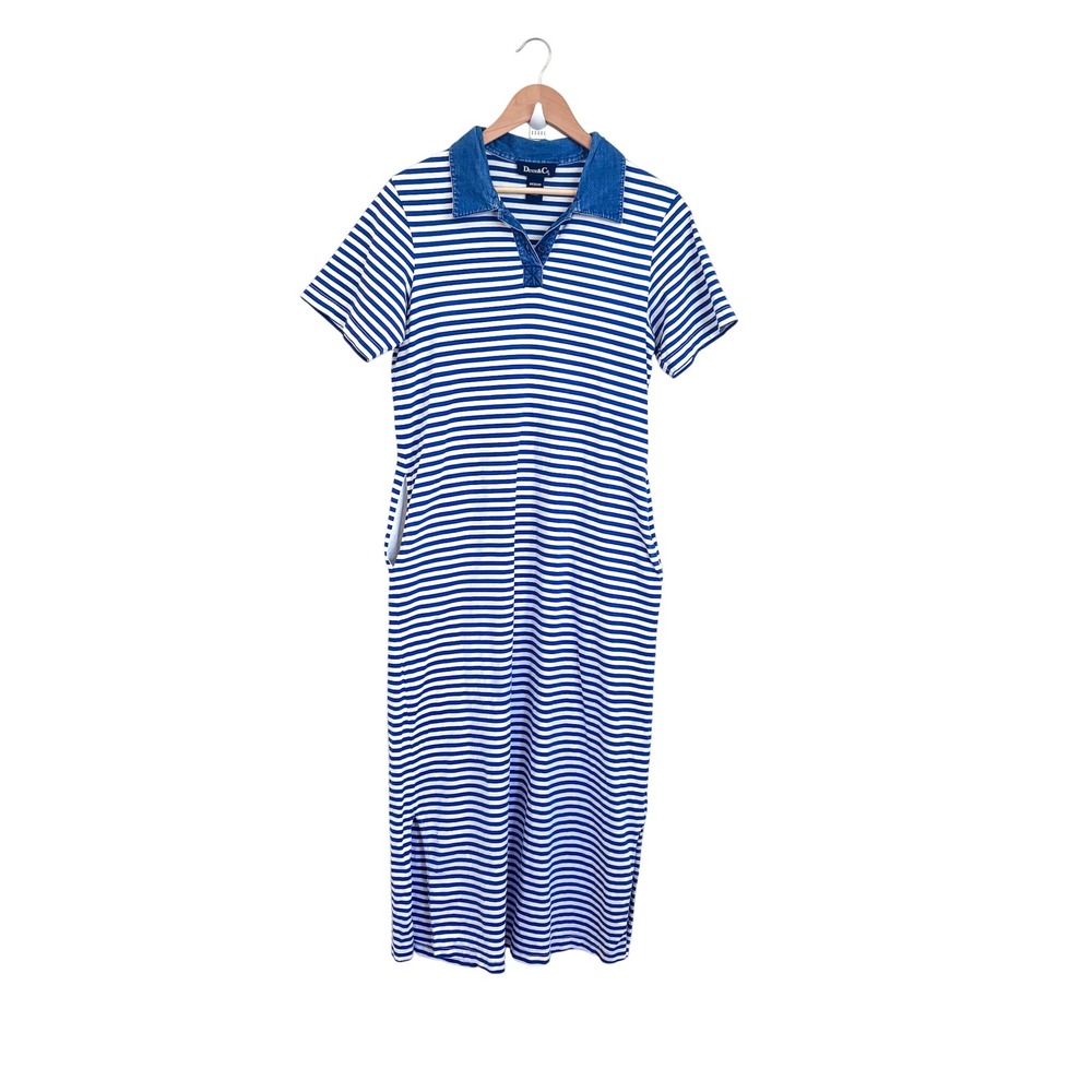 Denim&Co‎ Vintage Nautical Stripe Preppy Rugby Polo Midi Dress Size M Blue White